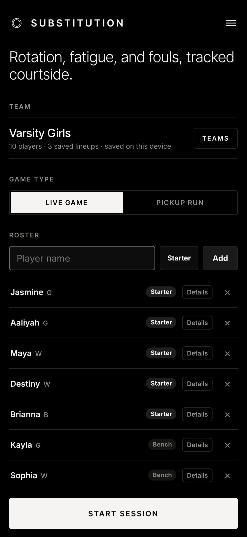 Substitution setup screen with saved team and roster