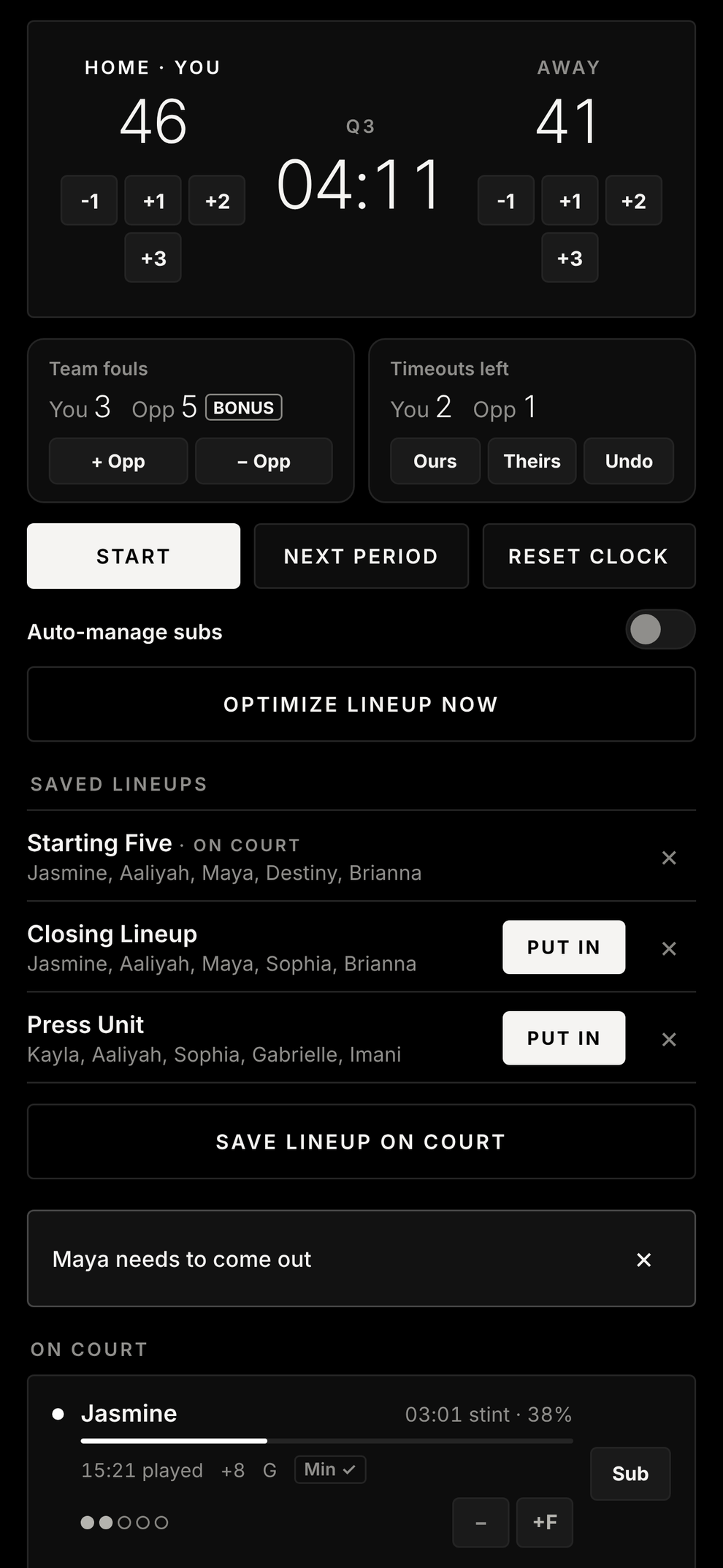 Substitution live game screen showing score, clock, fouls, timeouts and player rotations